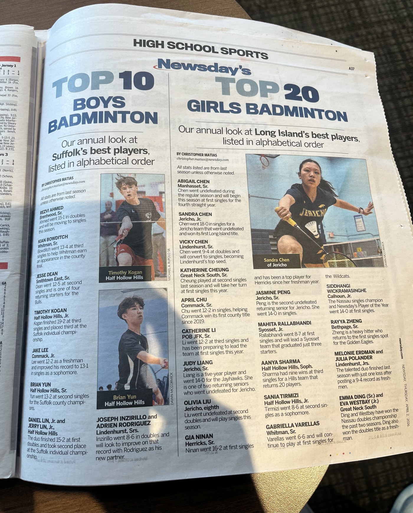 Newsday's Top 10 Boys and Top 20 Girls Badminton feature, including Sandra as one of Long Island's top players